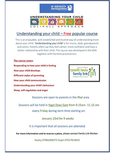 Poster Understanding your child - popular free course - Ysgol Dewi Sant