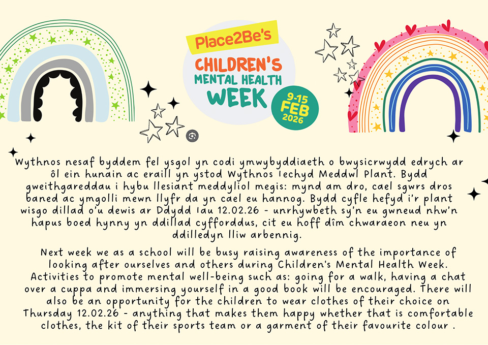 Poster Place2Be's Wythnos Iechyd Meddwl Plan 9-15 Chwefror 2026