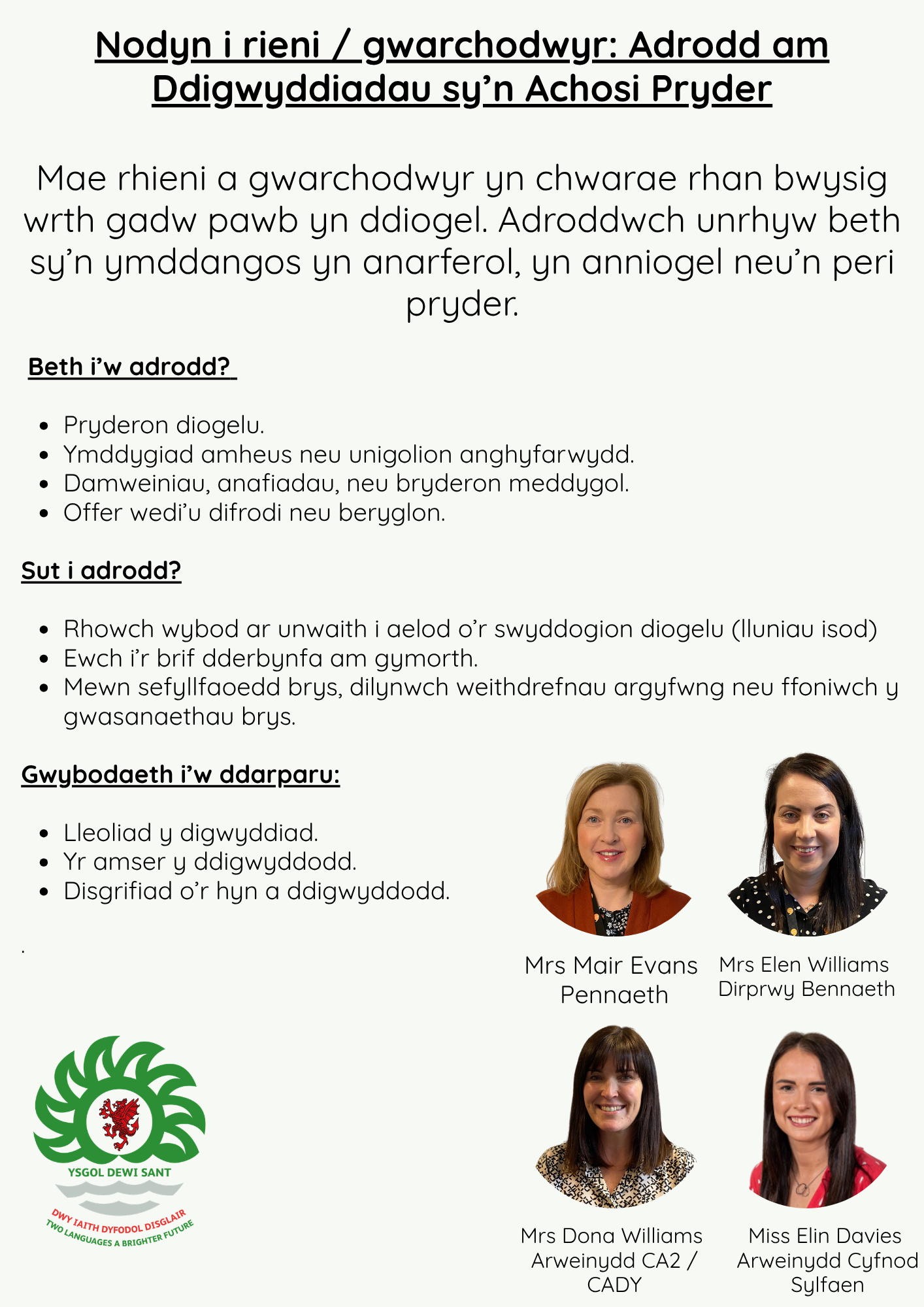 Poster Swyddogion Diogelu Ysgol Dewi Sant